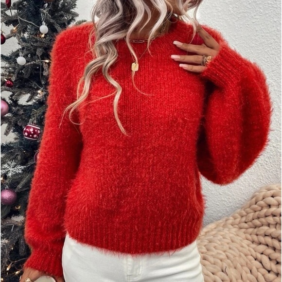 New red fuzzy long sleeve sweater - Picture 2 of 6
